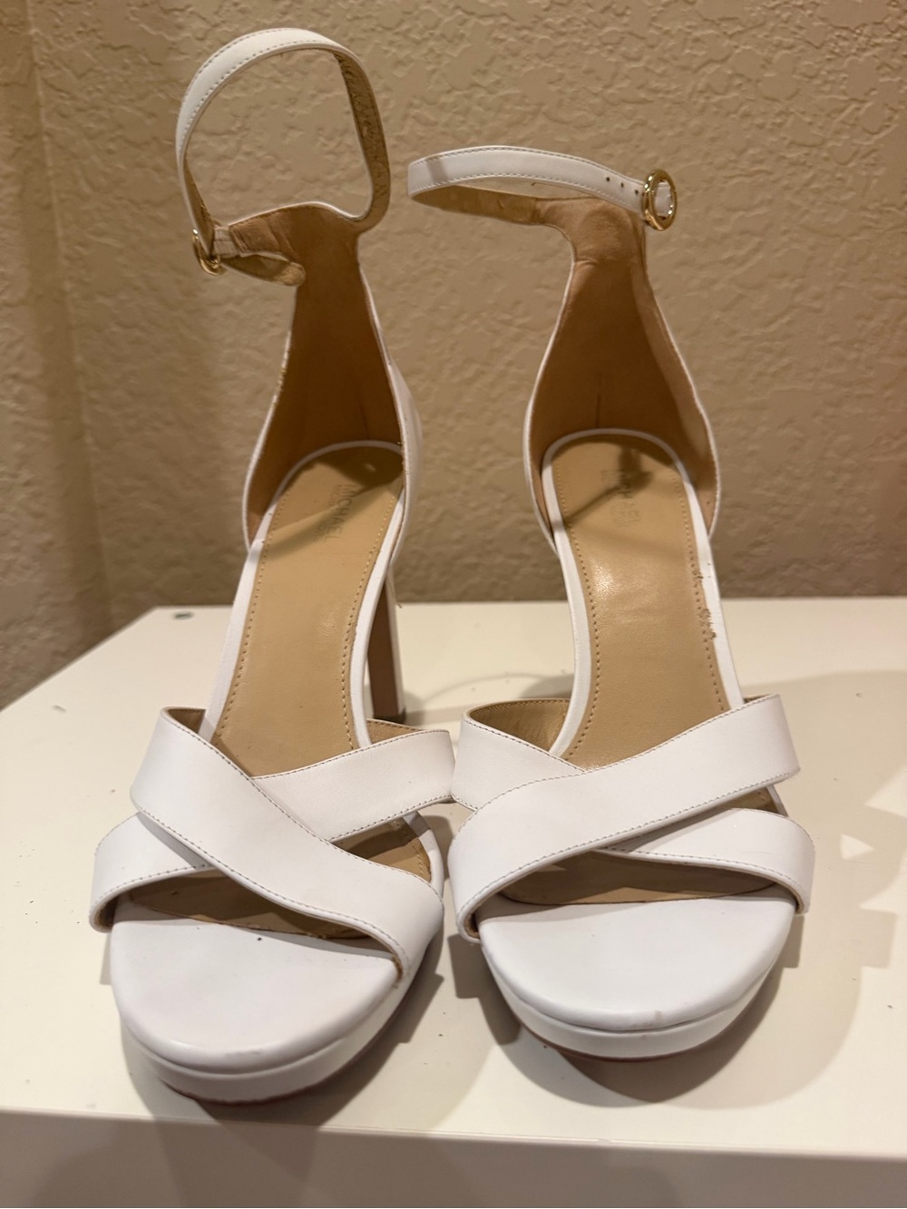 Michael Kors White Crisscross Ankle-Strap Block Heels